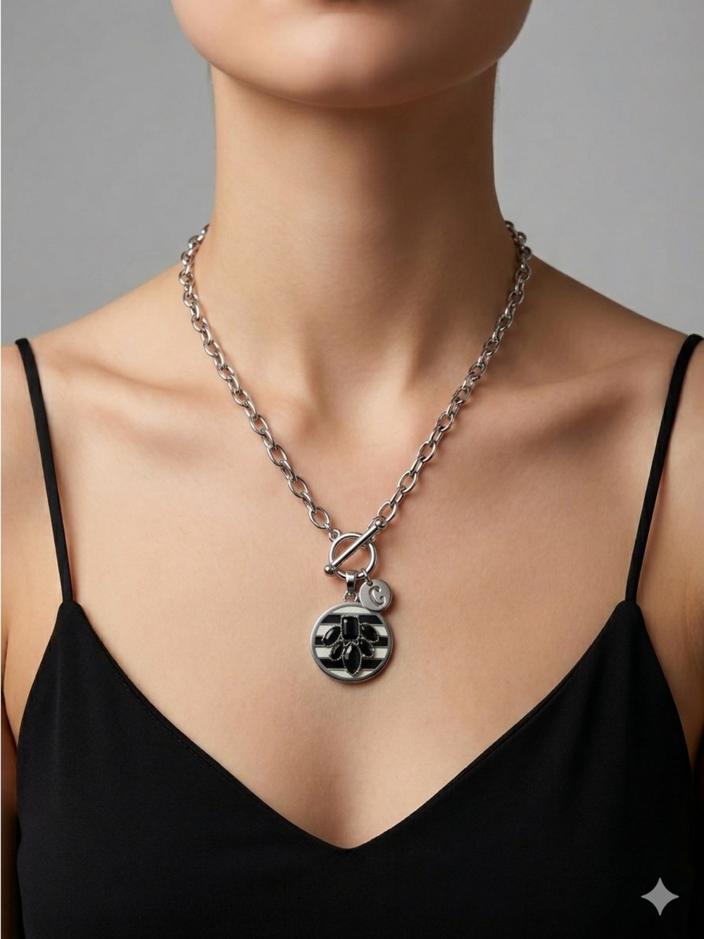 Cosmopolitan Toggle Necklace | Silver Medallion Black Stone Pendant